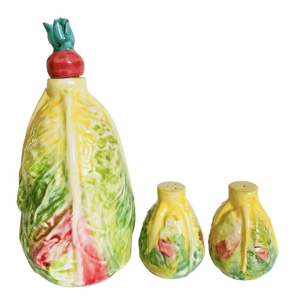 Vintage Italy Majolica Vinegar or Oil Decanter Salt Pepper Shaker Cabbage RARE